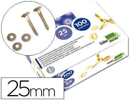Encuadernadores liderpapel latonados con arandela 25 mm caja de 100 unidades