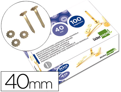 Encuadernadores liderpapel latonados con arandela 40 mm caja de 100 unidades