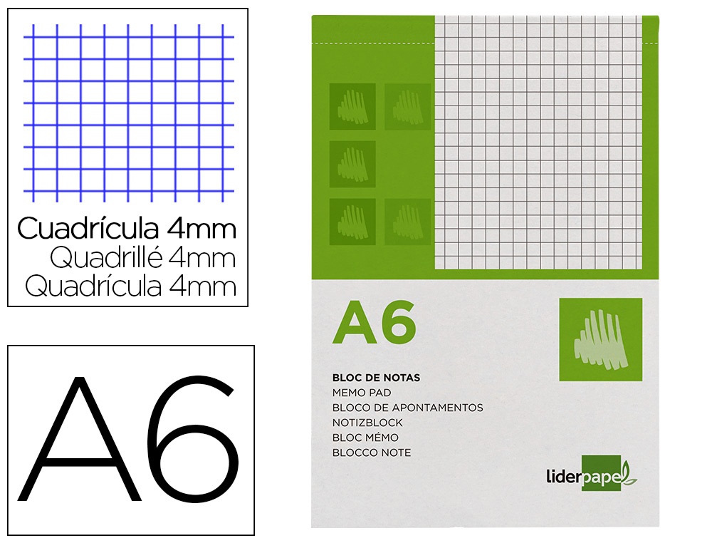 Bloc notas liderpapel cuadro 4mm a6 80 hojas 60g/m2 perforado