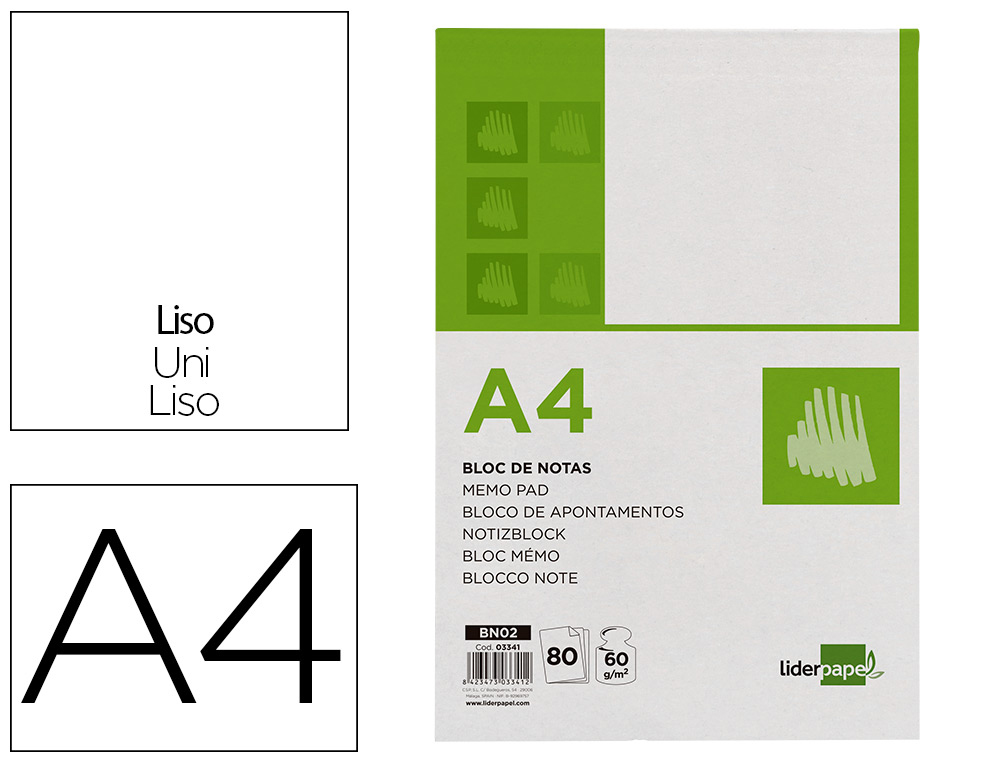 Bloc notas liderpapel liso a4 80 hojas 60g/m2
