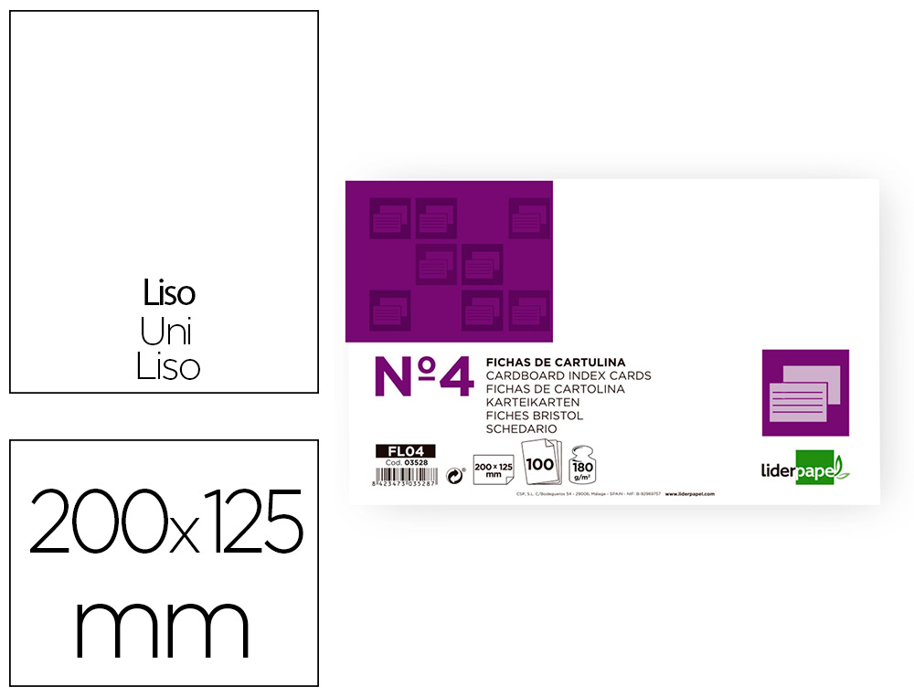Ficha liderpapel lisa nº4 125x200mm paquete de 100 180g