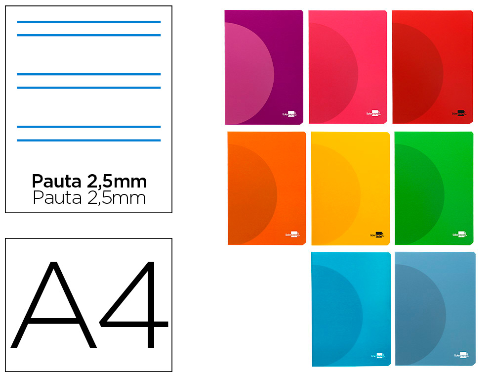 Libreta liderpapel 360 tapa de plastico a4 48 hojas 90g/m2 pauta 5 2,5mm con margen colores surtidos