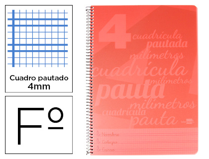 Cuaderno espiral liderpapel folio pautaguia tapa plastico 80h 75gr cuadro pautado 4mm con margen color rojo