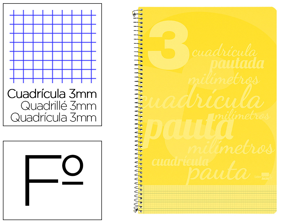 Cuaderno espiral liderpapel folio pautaguia tapa plastico 80h 75gr cuadro pautado 3mm con margen color amarillo