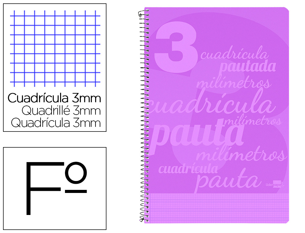 Cuaderno espiral liderpapel folio pautaguia tapa plastico 80h 75gr cuadro pautado 3mm con margen color violeta