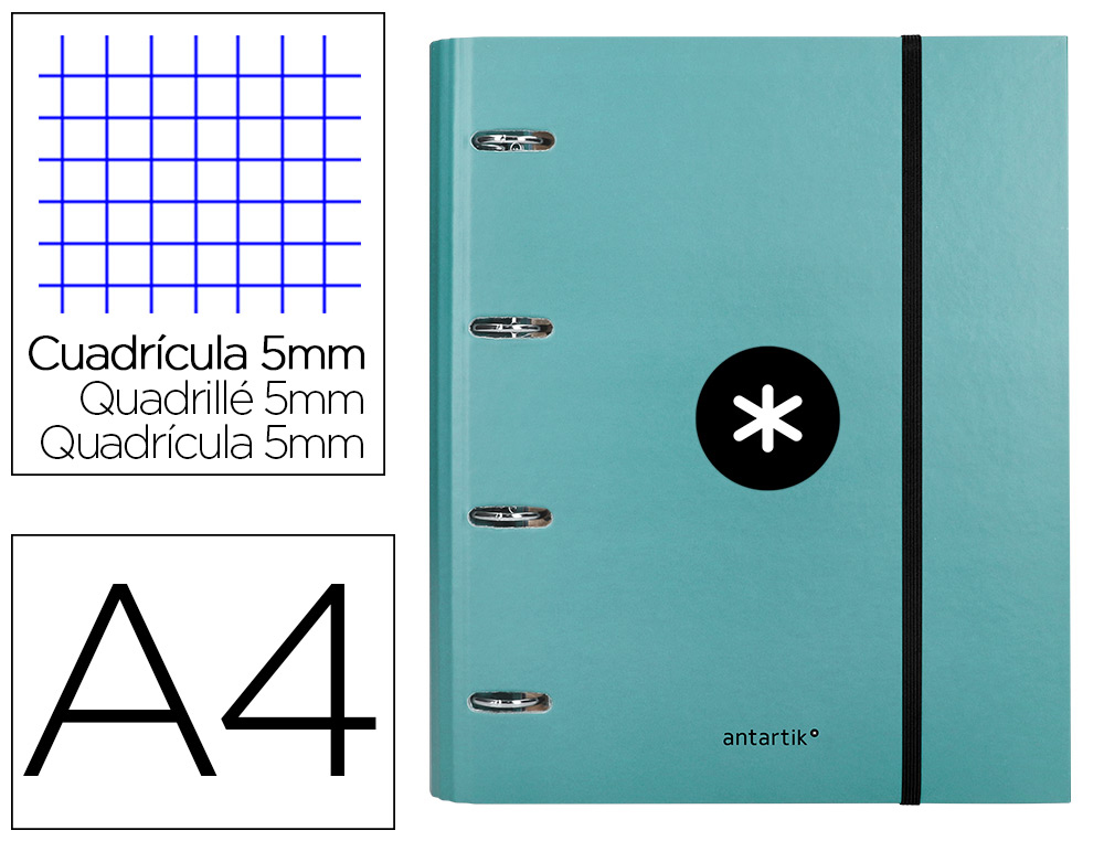 Carpeta con recambio antartik a4 cuadro 5mm forrada 4 anillas 40mm redondas con solapa color menta