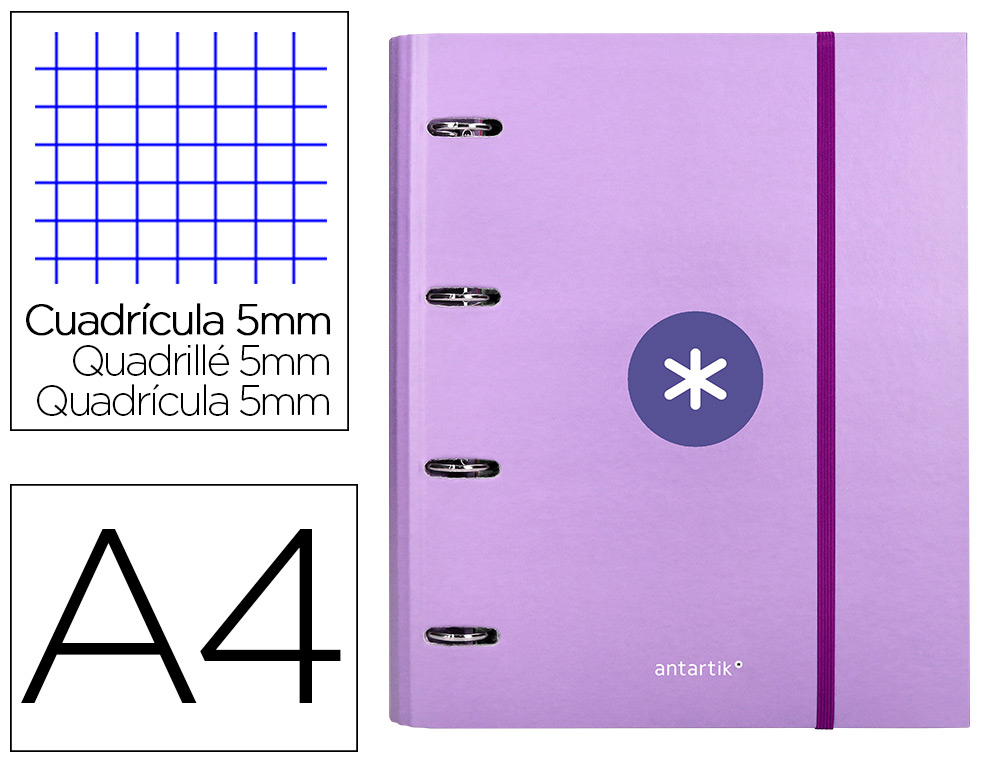 Carpeta con recambio antartik a4 cuadro 5mm forrada 4 anillas 40mm redondas con solapa color lavanda