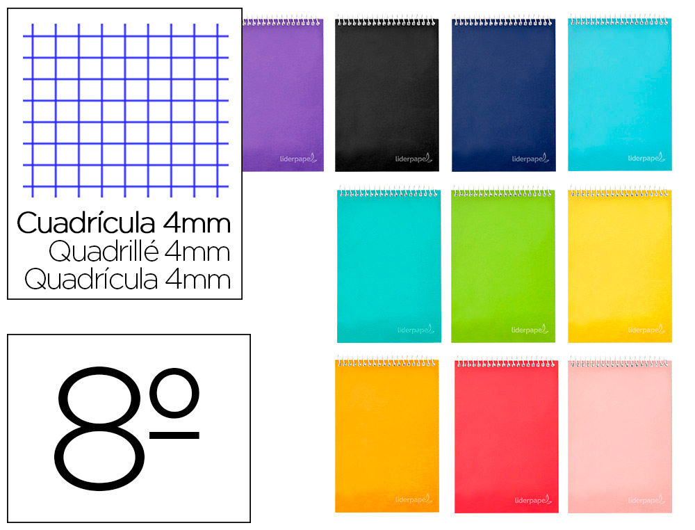 Cuaderno espiral liderpapel bolsillo octavo apaisado witty tapadura 80h 75gr cuadro 4 mm colores surtidos