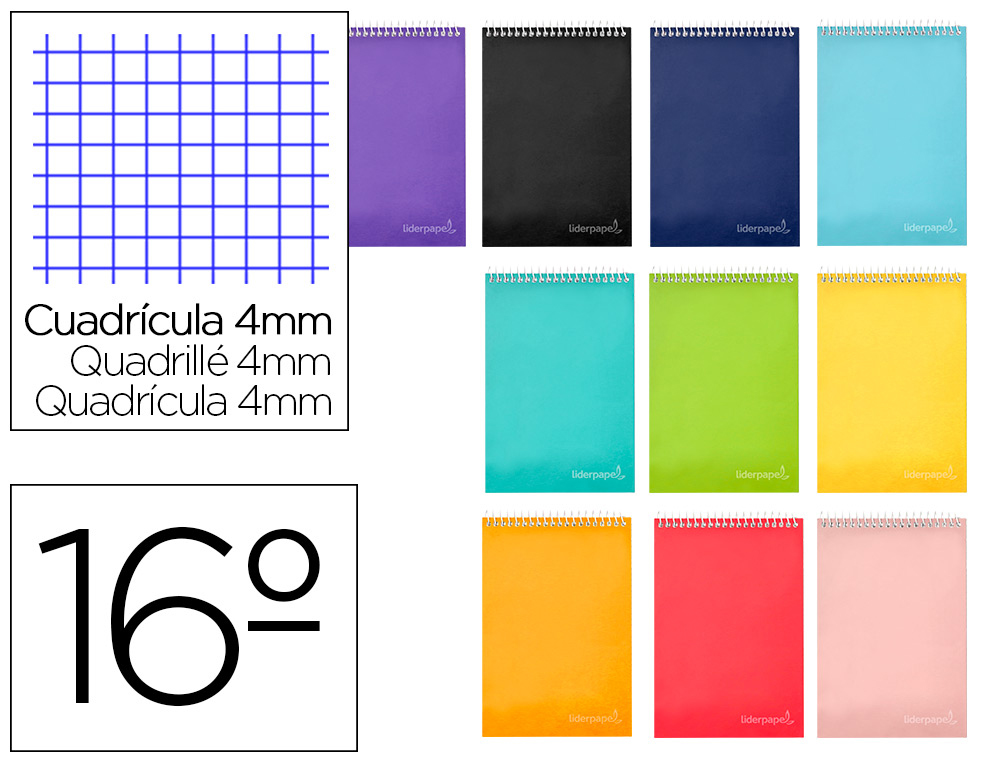 Cuaderno espiral liderpapel bolsillo dieciseiavo apaisado witty tapa dura dura 80h 60gr cuadro 4 mm colores surtidos