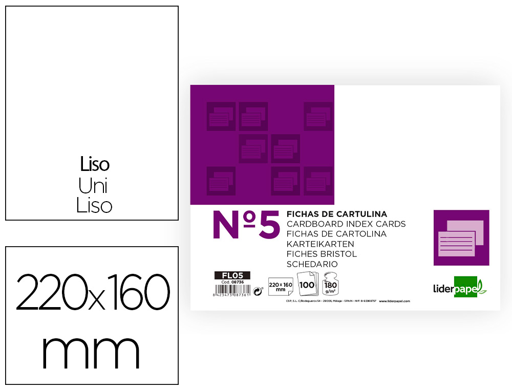 Ficha liderpapel lisa nº5 160x220mm paquete de 100 180g