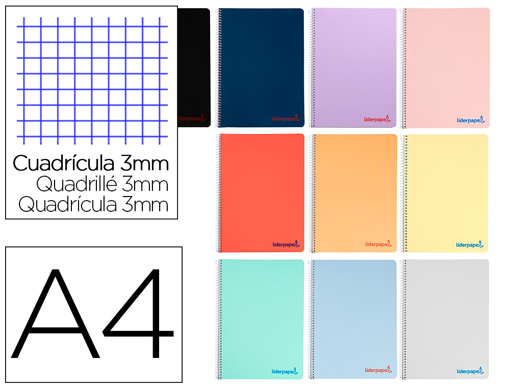 Cuaderno espiral liderpapel a4 wonder tapa plastico 80h 90gr cuadro 3mm con margen colores surtidos
