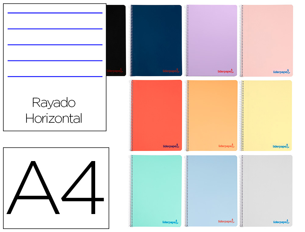 Cuaderno espiral liderpapel a4 wonder tapa plastico 80h 90gr rayado horizontal con margen colores surtidos