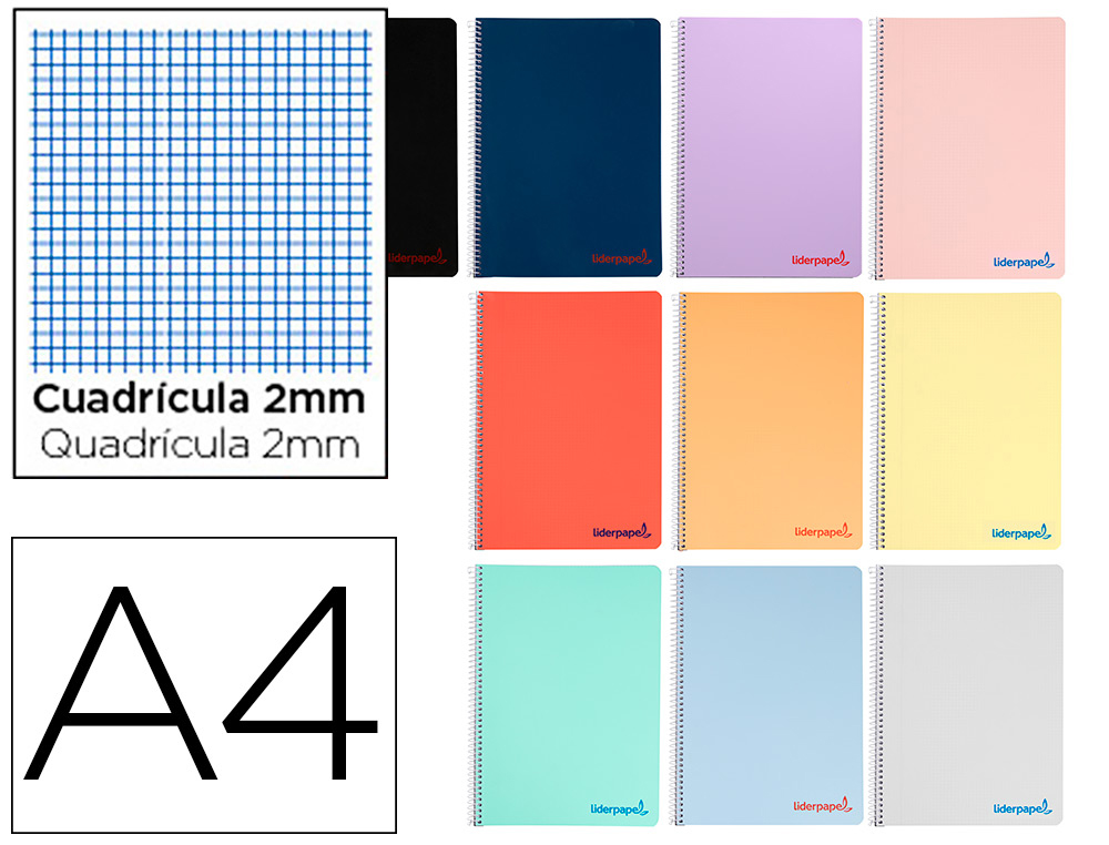Cuaderno espiral liderpapel a4 wonder tapa plastico 80h 90gr milimetrado 2mm con margen colores surtidos