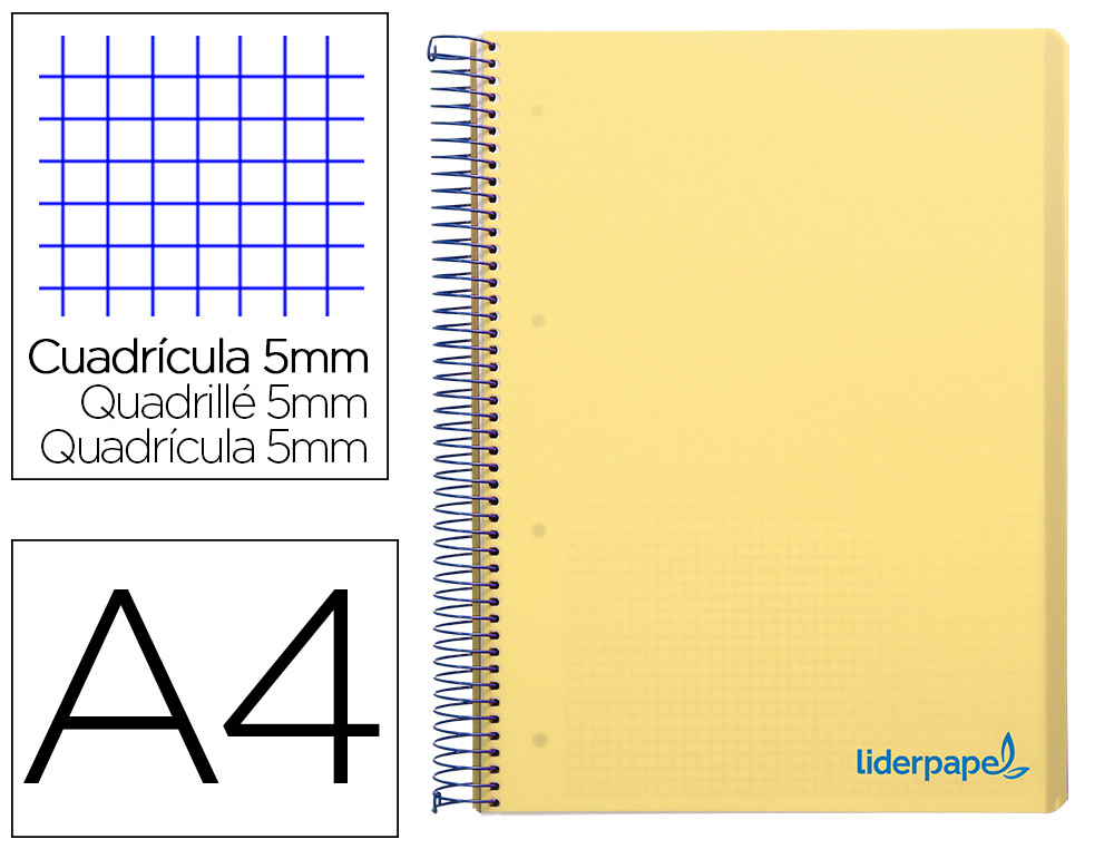 Cuaderno espiral liderpapel a4 micro wonder tapa plastico 120h 90 gr cuadro 5mm 5 banda 4 taladros color amarillo
