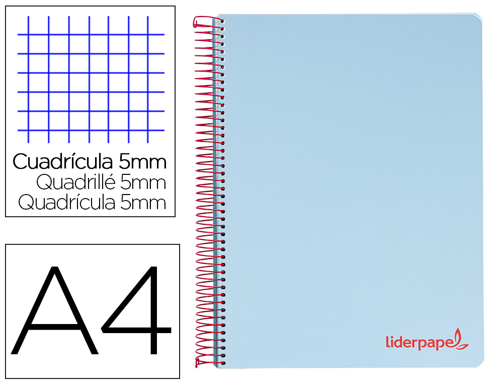 Cuaderno espiral liderpapel a4 micro wonder tapa plastico 120h 90 gr cuadro 5mm 5 banda 4 taladros color celeste