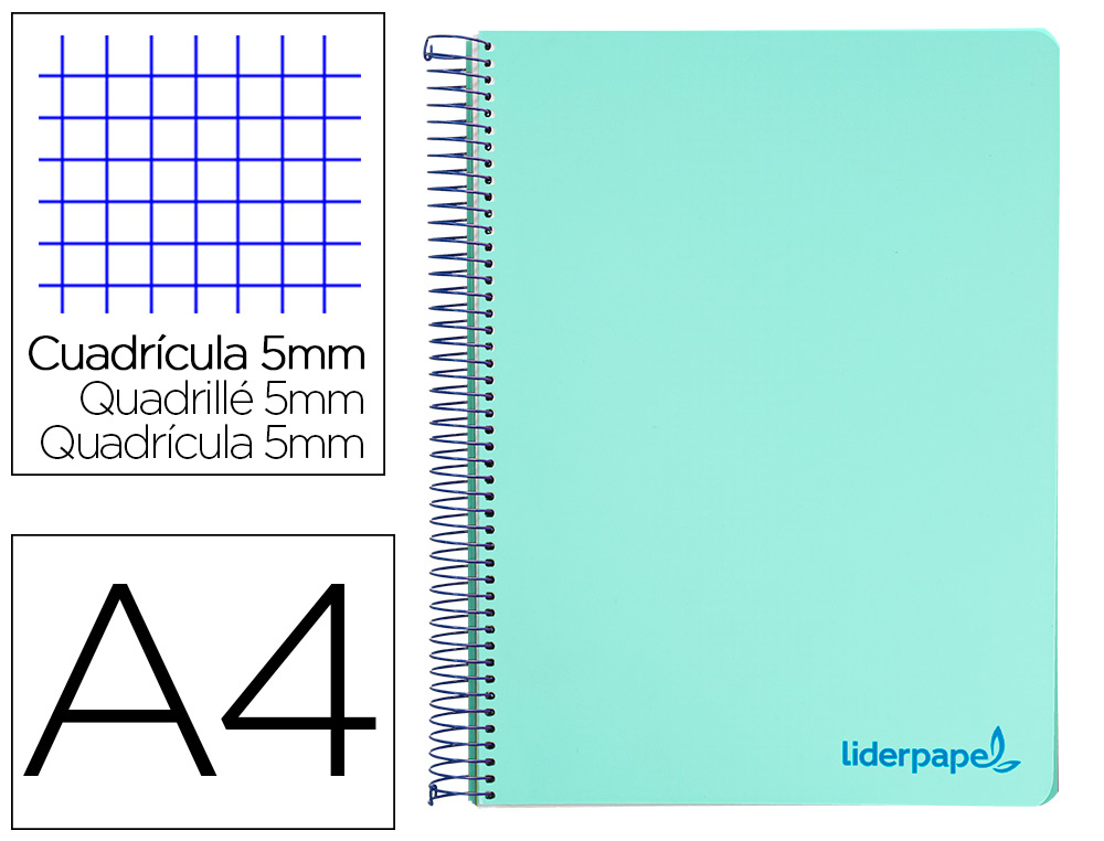 Cuaderno espiral liderpapel a4 micro wonder tapa plastico 120h 90 gr cuadro 5mm 5 banda 4 taladro color verde turquesa
