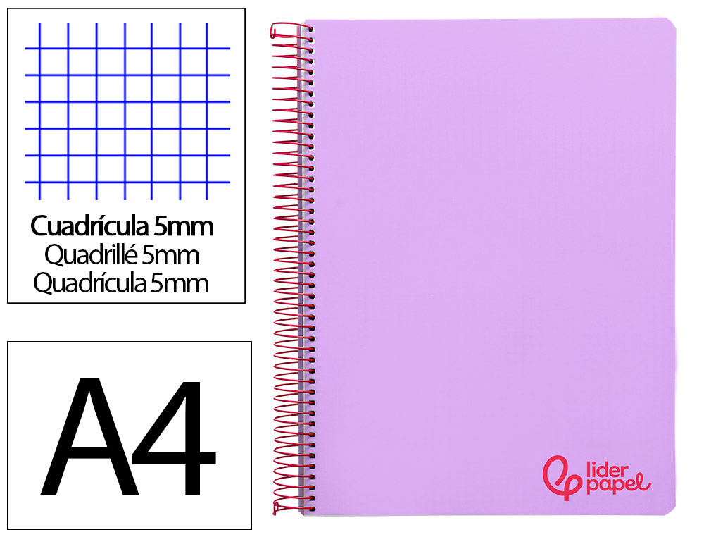 Cuaderno espiral liderpapel a4 micro wonder tapa plastico 120h 90 gr cuadro 5mm 5 banda 4 taladros color lila