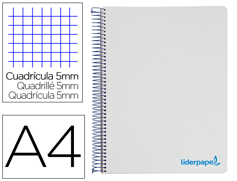 Cuaderno espiral liderpapel a4 micro wonder tapa plastico 120h 90 gr cuadro 5mm 5 bandas 4 taladros color gris