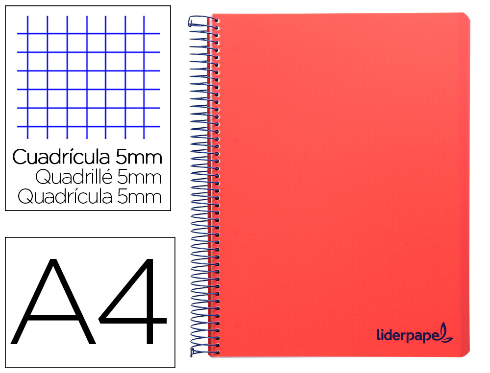 Cuaderno espiral liderpapel a4 micro wonder tapa plastico 120h 90 gr cuadro 5mm 5 bandas 4 taladros color rojo