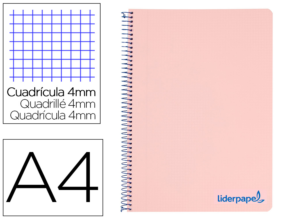 Cuaderno espiral liderpapel a4 wonder tapa plastico 80h 90gr cuadro 4mm con margen color rosa