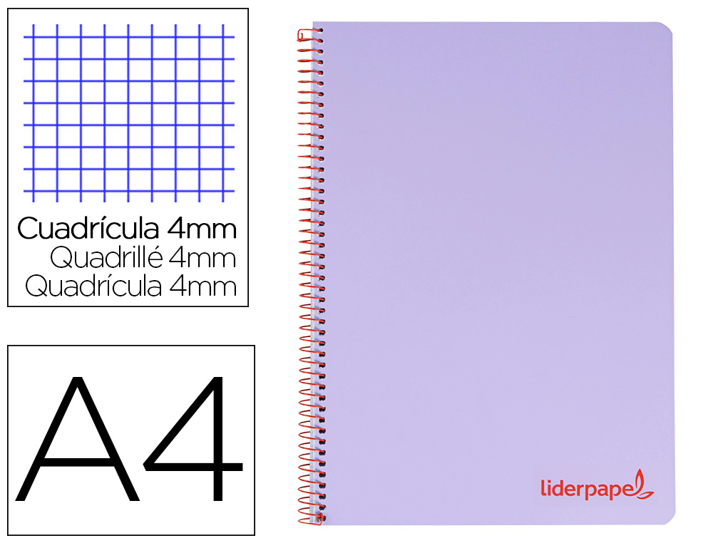 Cuaderno espiral liderpapel a4 wonder tapa plastico 80h 90gr cuadro 4mm con margen color violeta