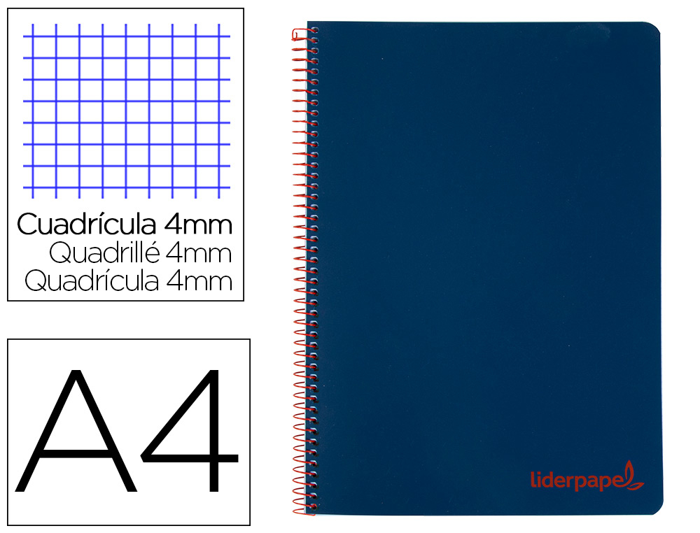 Cuaderno espiral liderpapel a4 wonder tapa plastico 80h 90gr cuadro 4mm con margen color azul marino