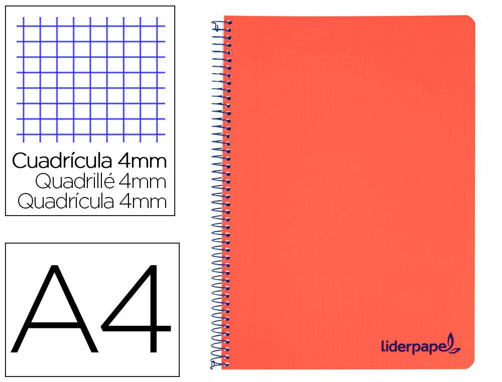 Cuaderno espiral liderpapel a4 wonder tapa plastico 80h 90gr cuadro 4mm con margen color rojo