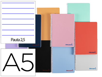 Cuaderno espiral liderpapel a5 wonder tapa plastico 80h 90g pauta estrecha 2,5mm con margen colores surtidos