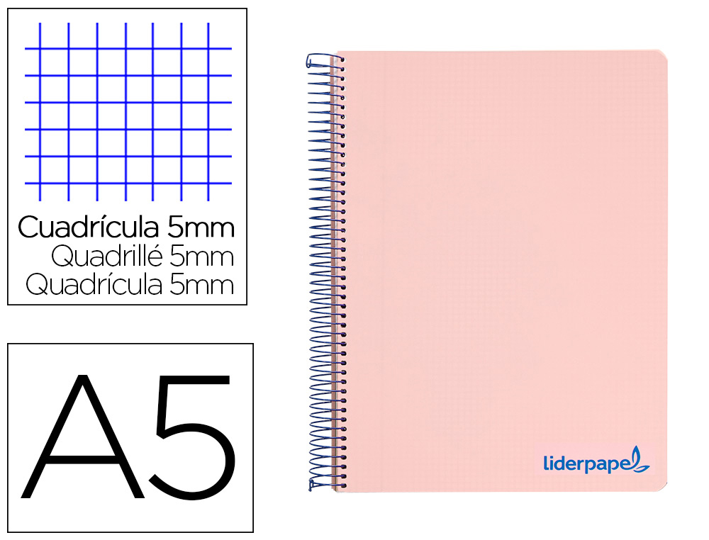 Cuaderno espiral liderpapel a5 micro wonder tapa plastico 120h 90g cuadro 5mm 5 bandas 6 taladros color rosa