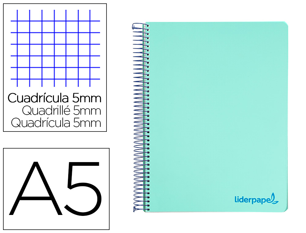 Cuaderno espiral liderpapel a5 micro wonder tapa plastico 120h 90g cuadro 5mm 5 bandas 6 taladro color verde turquesa