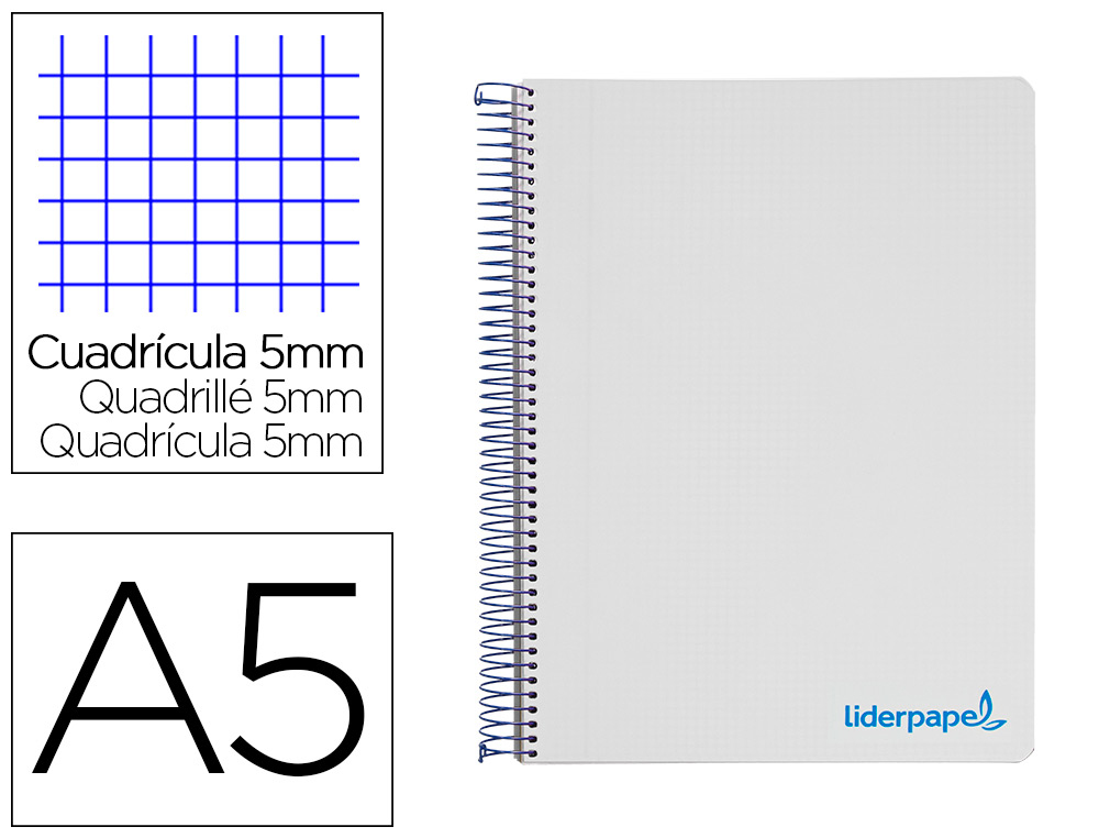Cuaderno espiral liderpapel a5 micro wonder tapa plastico 120h 90g cuadro 5mm 5 bandas 6 taladros color gris