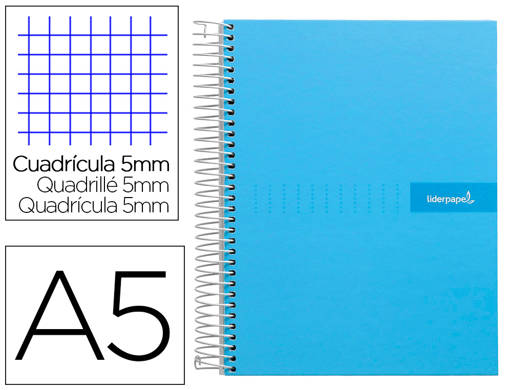 Cuaderno espiral liderpapel a5 micro crafty tapa forrada 120h 90 gr cuadro 5mm 5 bandas6 taladros color celeste