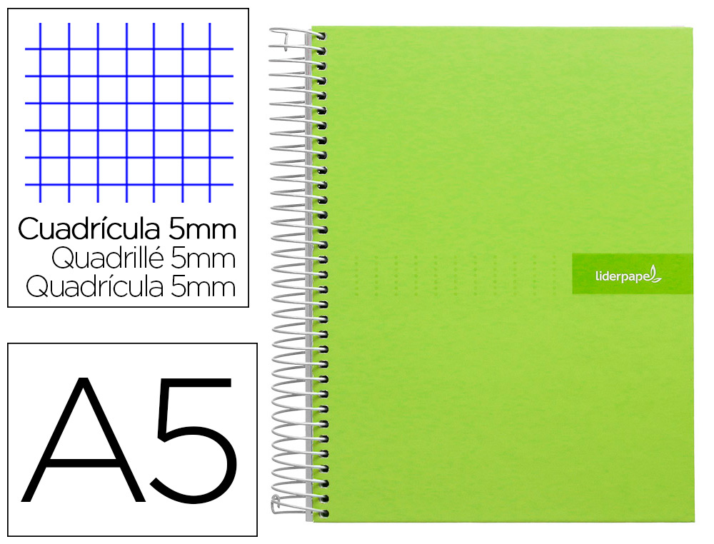 Cuaderno espiral liderpapel a5 micro crafty tapa forrada 120h 90 gr cuadro 5mm 5 bandas6 taladros color verde
