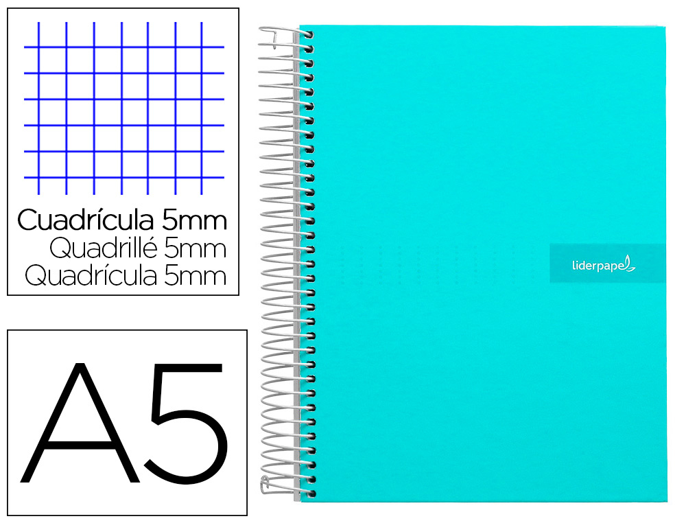 Cuaderno espiral liderpapel a5 micro crafty tapa forrada 120h 90 gr cuadro 5mm 5 bandas6 taladros color turquesa