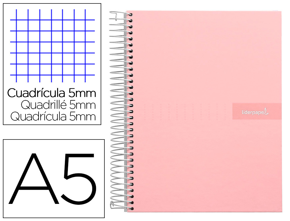 Cuaderno espiral liderpapel a5 micro crafty tapa forrada 120h 90 gr cuadro 5mm 5 bandas6 taladros color rosa