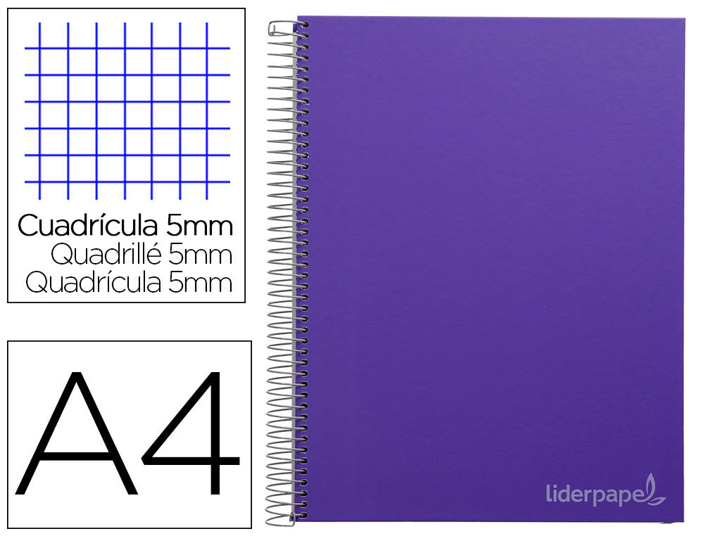 Cuaderno espiral liderpapel a4 micro jolly tapa forrada 140h 75 gr cuadro 5mm 5 bandas 4 taladros color lila