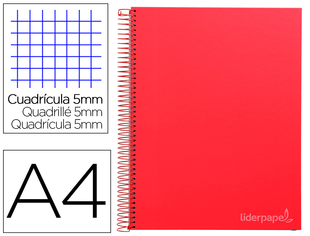 Cuaderno espiral liderpapel a4 micro jolly tapa forrada 140h 75 gr cuadro 5mm 5 bandas 4 taladros color rojo