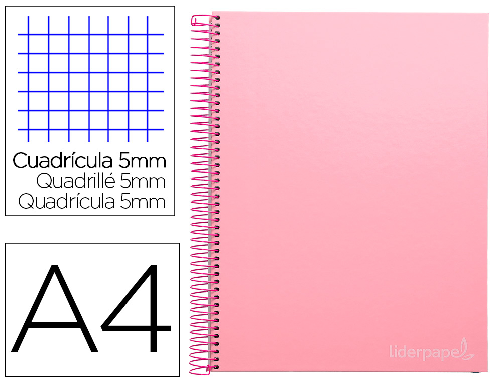 Cuaderno espiral liderpapel a4 micro jolly tapa forrada 140h 75 gr cuadro 5mm 5 bandas 4 taladros color rosa