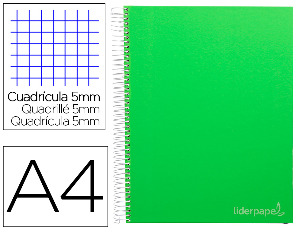 Cuaderno espiral liderpapel a4 micro jolly tapa forrada 140h 75 gr cuadro 5mm 5 bandas 4 taladros color verde