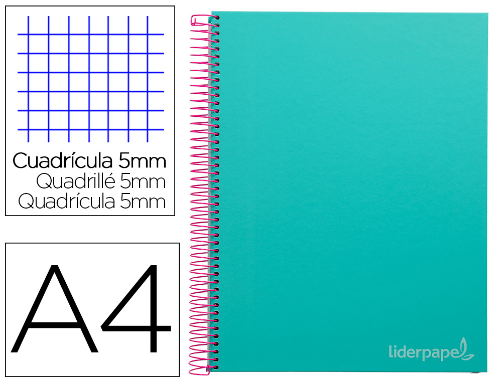Cuaderno espiral liderpapel a4 micro jolly tapa forrada 140h 75 gr cuadro 5mm 5 bandas4 taladros color turquesa