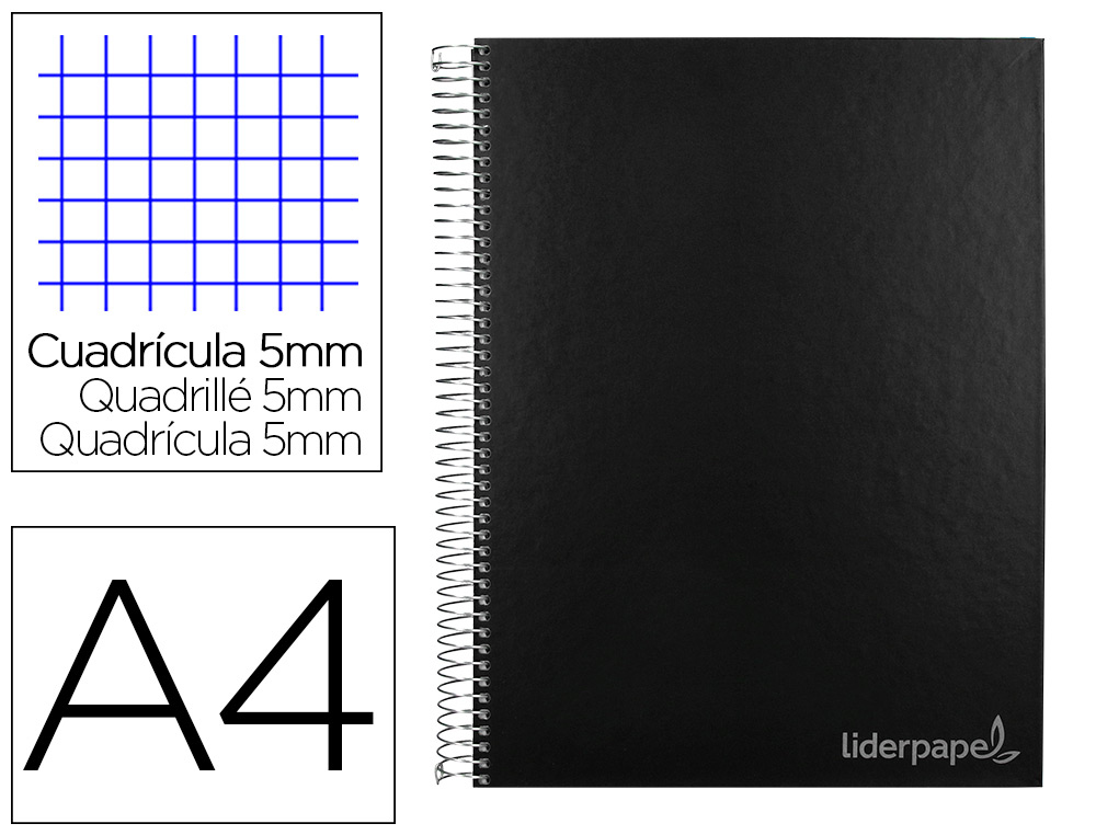 Cuaderno espiral liderpapel a4 micro jolly tapa forrada 140h 75 gr cuadro 5mm 5 bandas 4 taladros color negro