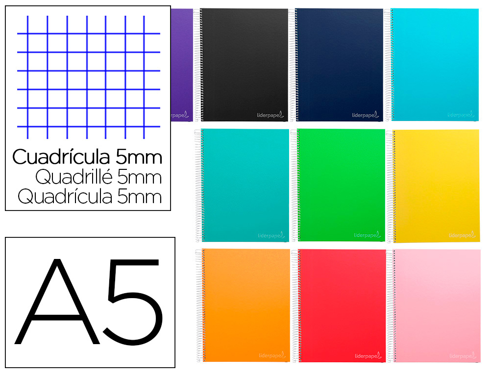 Cuaderno espiral liderpapel a5 micro jolly tapa forrada 140h 75 gr cuadro 5mm 5 bandas6 taladros colores surtidos