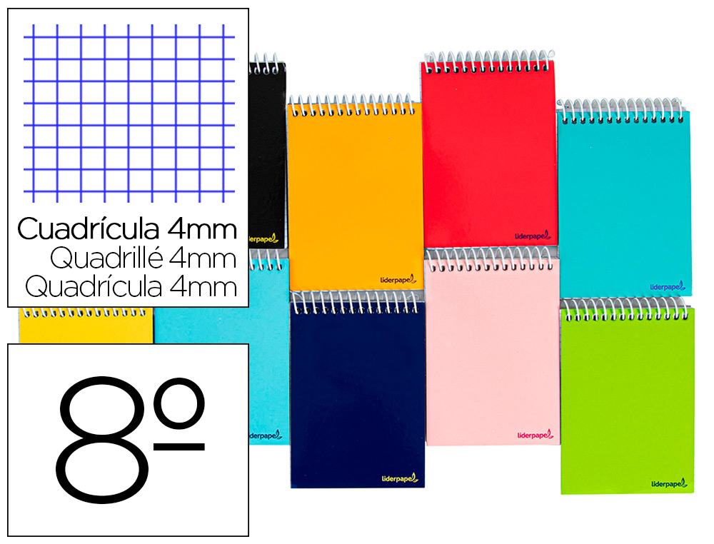 Cuaderno espiral liderpapel bolsillo octavo apaisado smart tapa blanda 80h 60gr cuadro 4mm colores surtidos