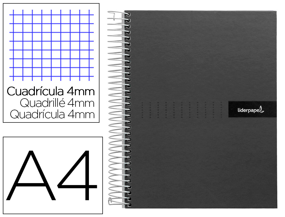 Cuaderno espiral liderpapel a4 crafty tapa forrada 80h 90 gr cuadro 4mm con margen color negro