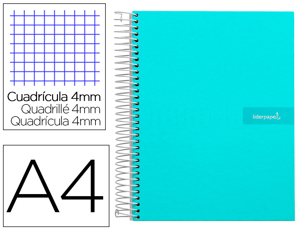 Cuaderno espiral liderpapel a4 crafty tapa forrada 80h 90 gr cuadro 4mm con margen color turquesa