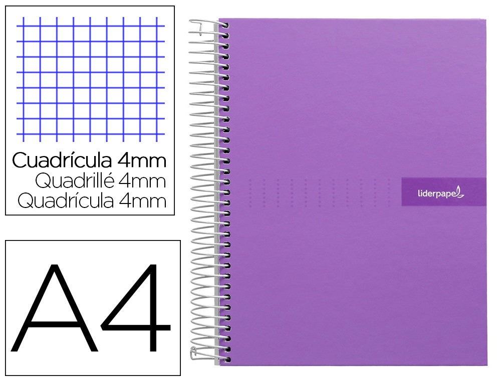 Cuaderno espiral liderpapel a4 crafty tapa forrada 80h 90 gr cuadro 4mm con margen color violeta