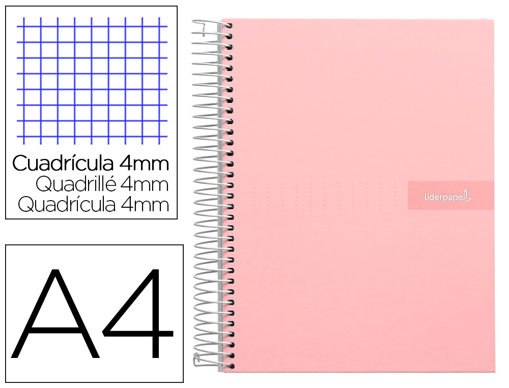 Cuaderno espiral liderpapel a4 crafty tapa forrada 80h 90 gr cuadro 4mm con margen color rosa