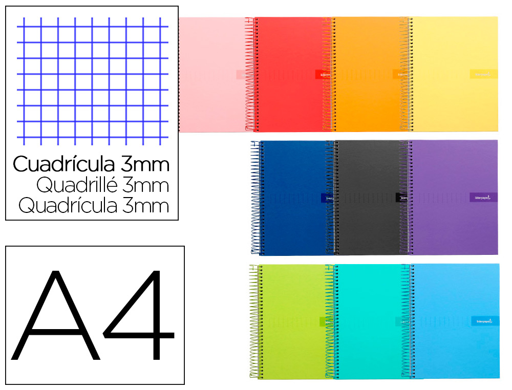 Cuaderno espiral liderpapel a4 crafty tapa forrada 80h 90 gr cuadro 3mm con margen colores surtidos