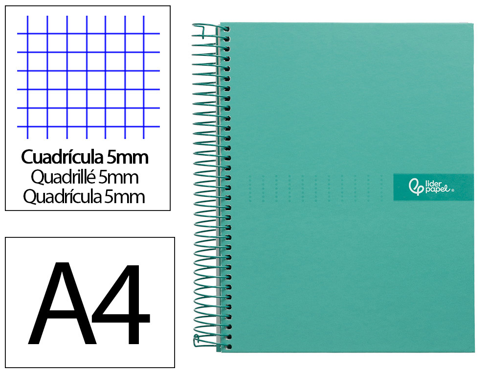 Cuaderno espiral liderpapel a4 micro crafty tapa forrada 120h 90gr cuadro 5mm 5 bandas 4 taladros color turquesa