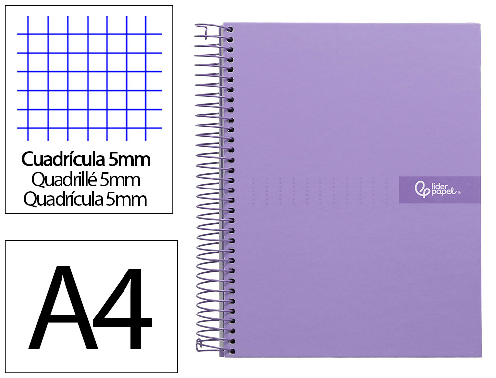 Cuaderno espiral liderpapel a4 micro crafty tapa forrada 120h 90gr cuadro 5mm 5 bandas 4 taladros color violeta